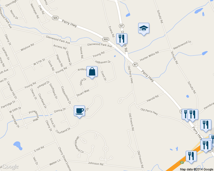 map of restaurants, bars, coffee shops, grocery stores, and more near 131 Parkview Dr in Erie