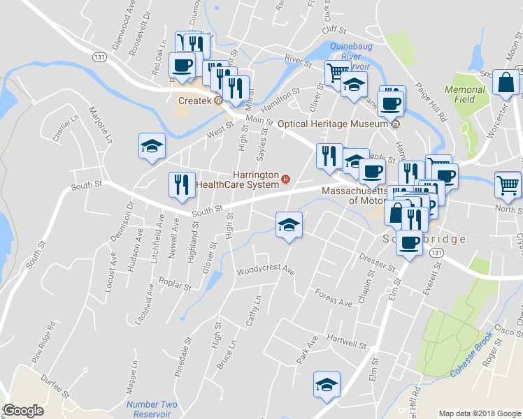 map of restaurants, bars, coffee shops, grocery stores, and more near 242 Dresser Street in Southbridge