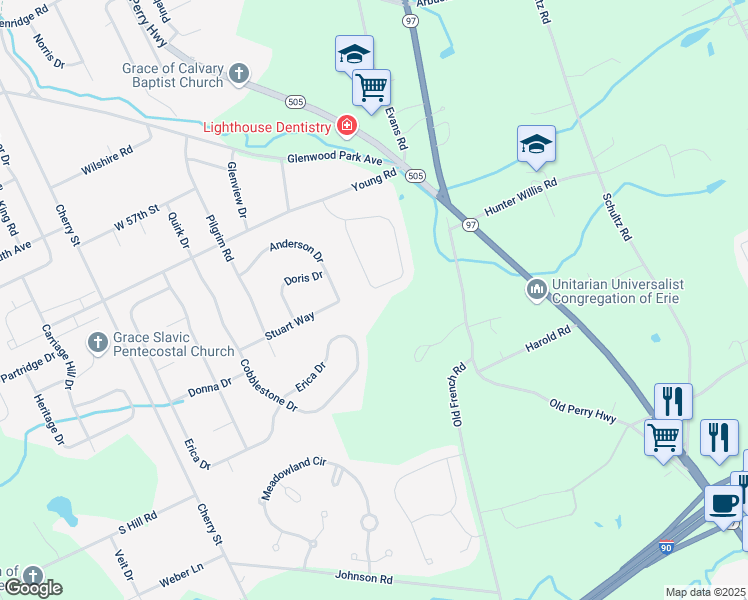 map of restaurants, bars, coffee shops, grocery stores, and more near 131 Parkview Dr in Erie