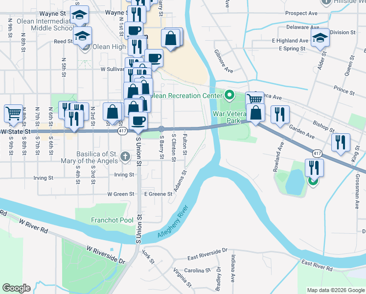 map of restaurants, bars, coffee shops, grocery stores, and more near 126 Fulton Street in Olean
