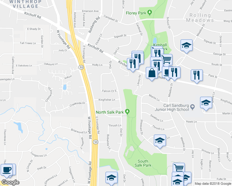 map of restaurants, bars, coffee shops, grocery stores, and more near 3501 Falcon Court South in Rolling Meadows