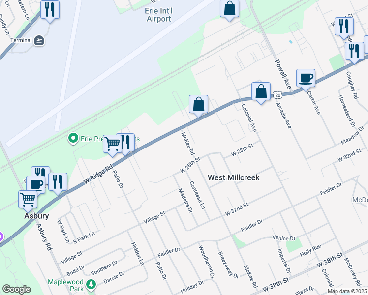 map of restaurants, bars, coffee shops, grocery stores, and more near 2704 McKee Road in Erie