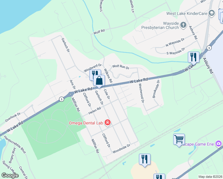 map of restaurants, bars, coffee shops, grocery stores, and more near 1566 Wilkins Rd in Erie