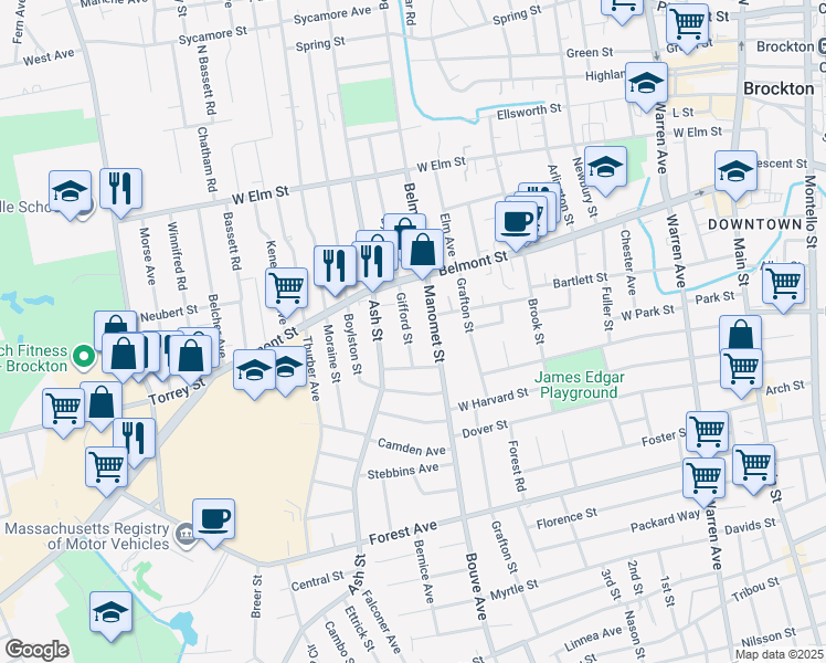 map of restaurants, bars, coffee shops, grocery stores, and more near 42 Gifford Street in Brockton