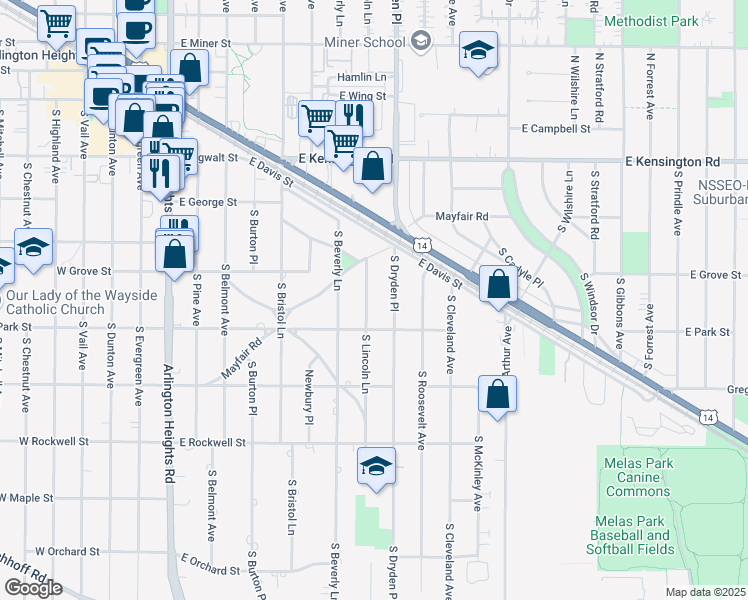 map of restaurants, bars, coffee shops, grocery stores, and more near 423 South Lincoln Lane in Arlington Heights