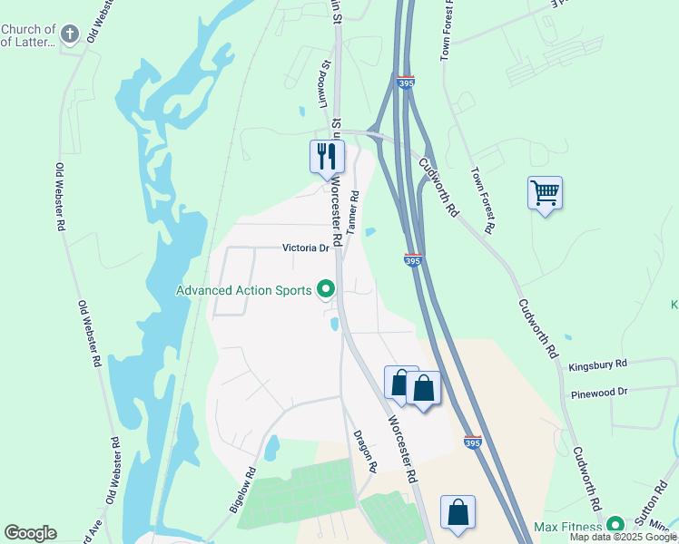 map of restaurants, bars, coffee shops, grocery stores, and more near 121 Worcester Road in Webster