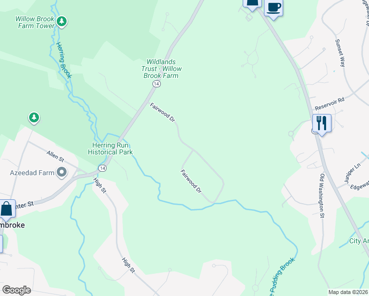 map of restaurants, bars, coffee shops, grocery stores, and more near 58 Fairwood Drive in Pembroke
