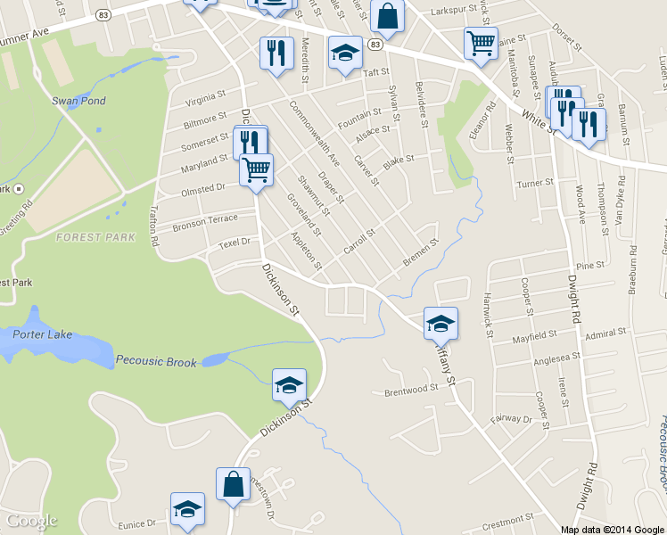 map of restaurants, bars, coffee shops, grocery stores, and more near 35 Carroll Street in Springfield