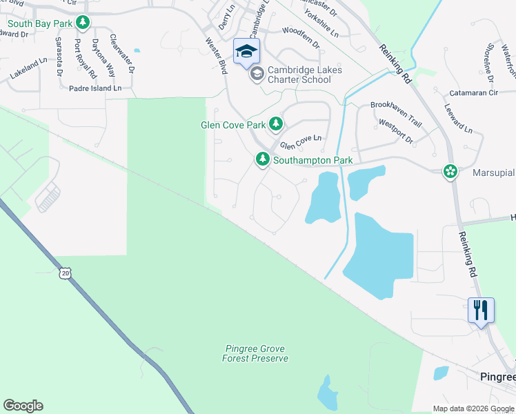 map of restaurants, bars, coffee shops, grocery stores, and more near 657 Canterbury Lane in Pingree Grove