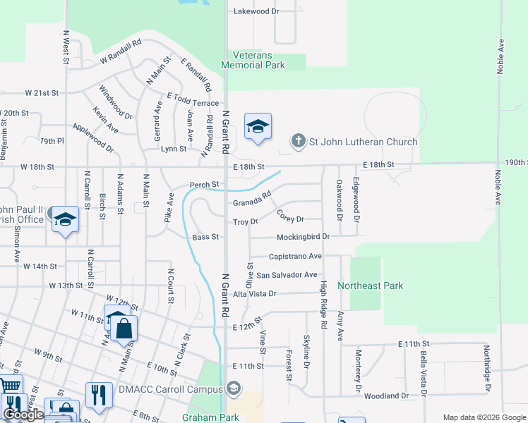 map of restaurants, bars, coffee shops, grocery stores, and more near 627 Troy Drive in Carroll