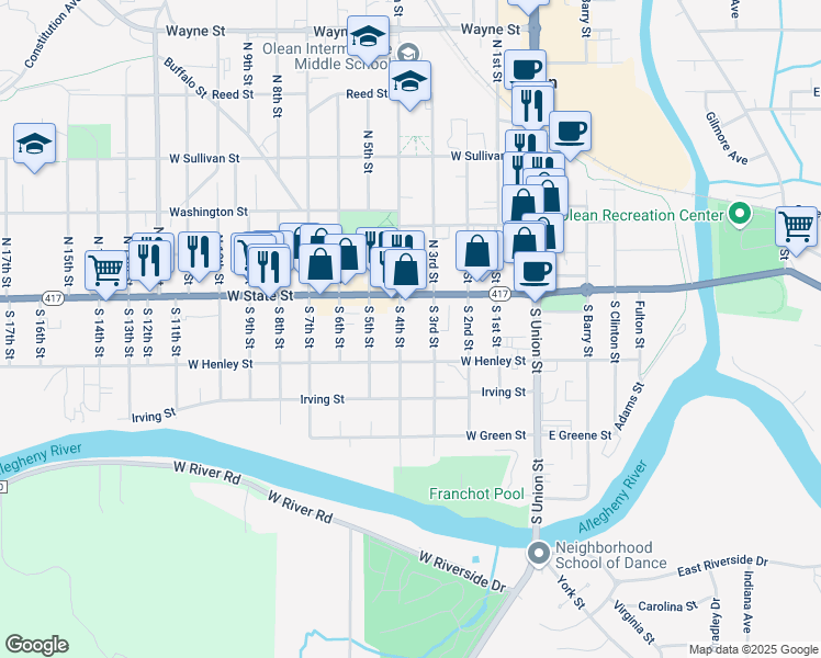 map of restaurants, bars, coffee shops, grocery stores, and more near 117 S 4th St in Olean