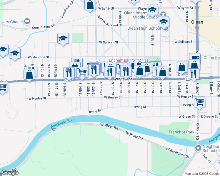 map of restaurants, bars, coffee shops, grocery stores, and more near 118 S 10th St in Olean