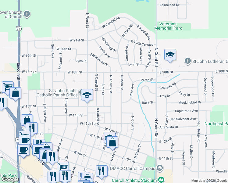 map of restaurants, bars, coffee shops, grocery stores, and more near 1620 North Adams Street in Carroll
