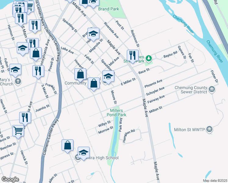 map of restaurants, bars, coffee shops, grocery stores, and more near 807 Moore St in Elmira
