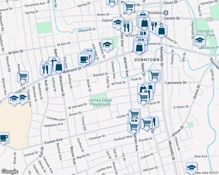 map of restaurants, bars, coffee shops, grocery stores, and more near 88 Fuller Street in Brockton