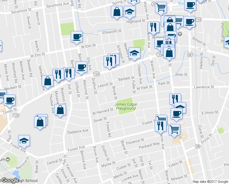 map of restaurants, bars, coffee shops, grocery stores, and more near 65 Brook Street in Brockton