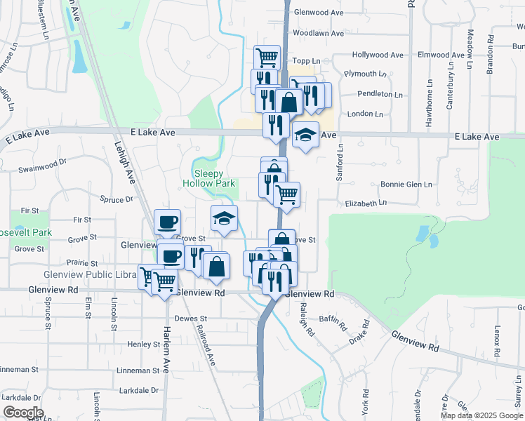 map of restaurants, bars, coffee shops, grocery stores, and more near 1211 Hutchings Avenue in Glenview