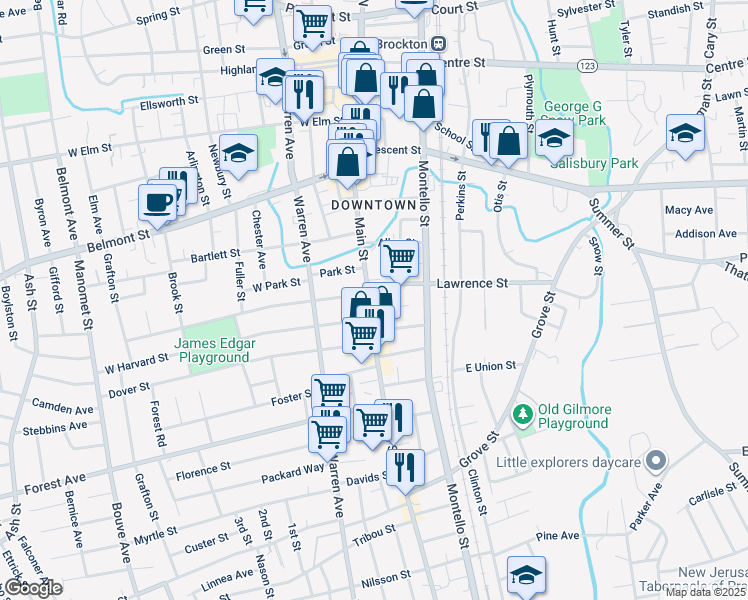 map of restaurants, bars, coffee shops, grocery stores, and more near 14 Somerset Place in Brockton