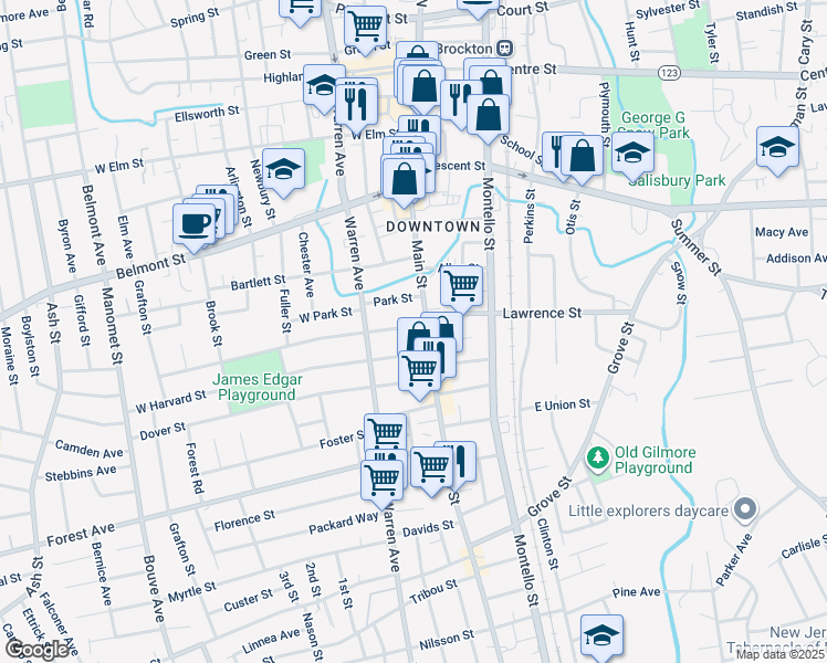 map of restaurants, bars, coffee shops, grocery stores, and more near 20 Winthrop Street in Brockton