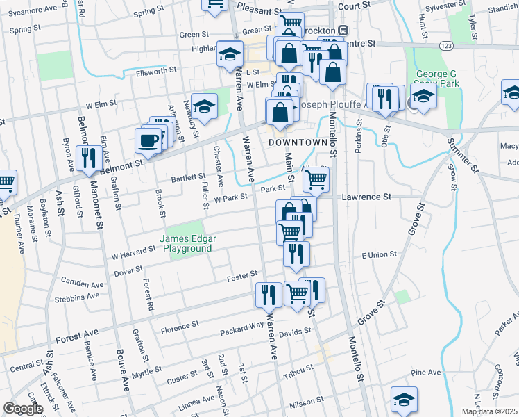 map of restaurants, bars, coffee shops, grocery stores, and more near in Brockton