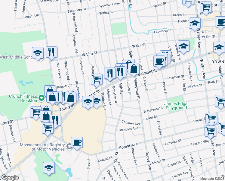map of restaurants, bars, coffee shops, grocery stores, and more near in Brockton