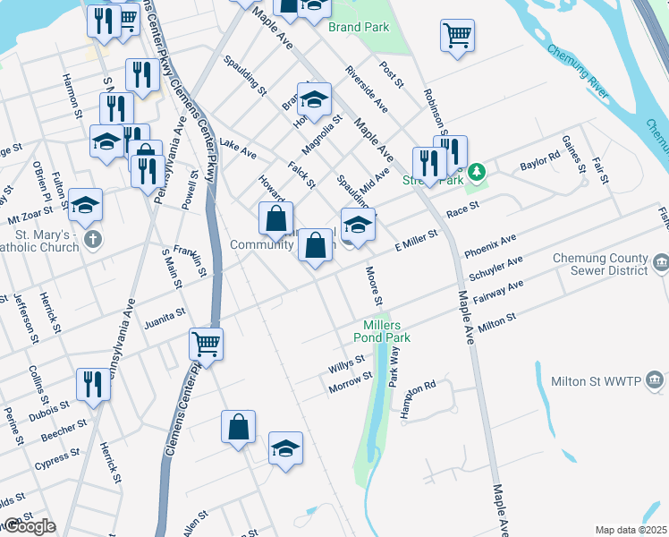 map of restaurants, bars, coffee shops, grocery stores, and more near 217 East Miller Street in Elmira