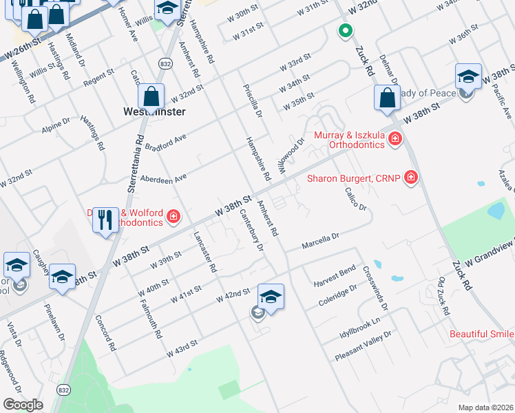 map of restaurants, bars, coffee shops, grocery stores, and more near 3824 Amherst Road in Erie