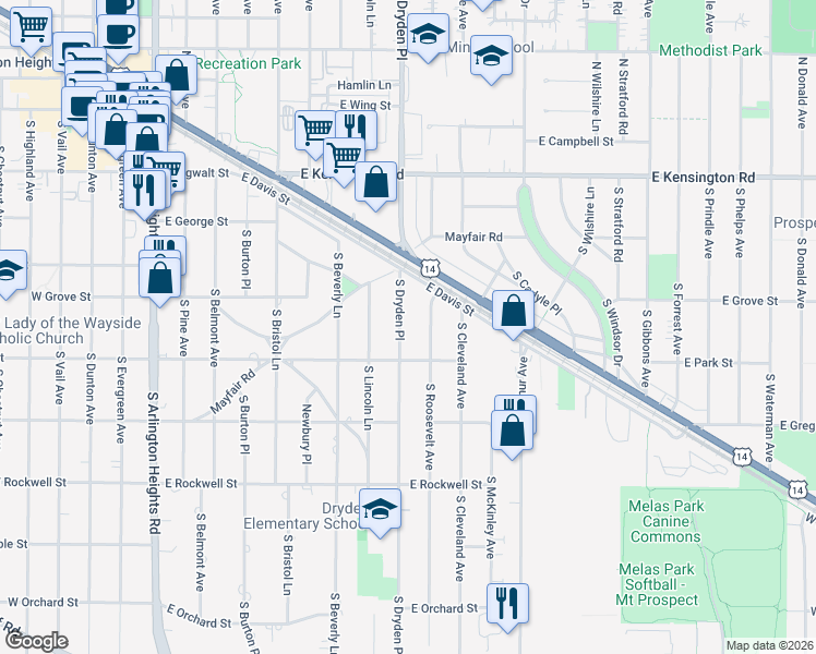 map of restaurants, bars, coffee shops, grocery stores, and more near 421 South Dryden Place in Arlington Heights