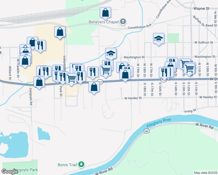 map of restaurants, bars, coffee shops, grocery stores, and more near 2223 West State Street in Olean