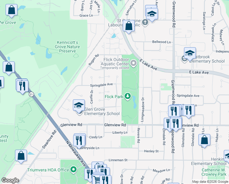 map of restaurants, bars, coffee shops, grocery stores, and more near 1134 Pam Anne Drive in Glenview