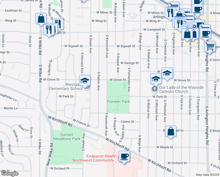 map of restaurants, bars, coffee shops, grocery stores, and more near 421 North Kennicott Avenue in Arlington Heights