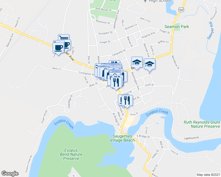 map of restaurants, bars, coffee shops, grocery stores, and more near 16 Jane St in Saugerties