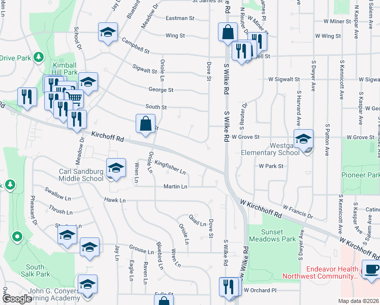 map of restaurants, bars, coffee shops, grocery stores, and more near 2202 Kirchoff Road in Rolling Meadows