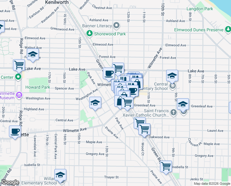 map of restaurants, bars, coffee shops, grocery stores, and more near 1210 Central Avenue in Wilmette