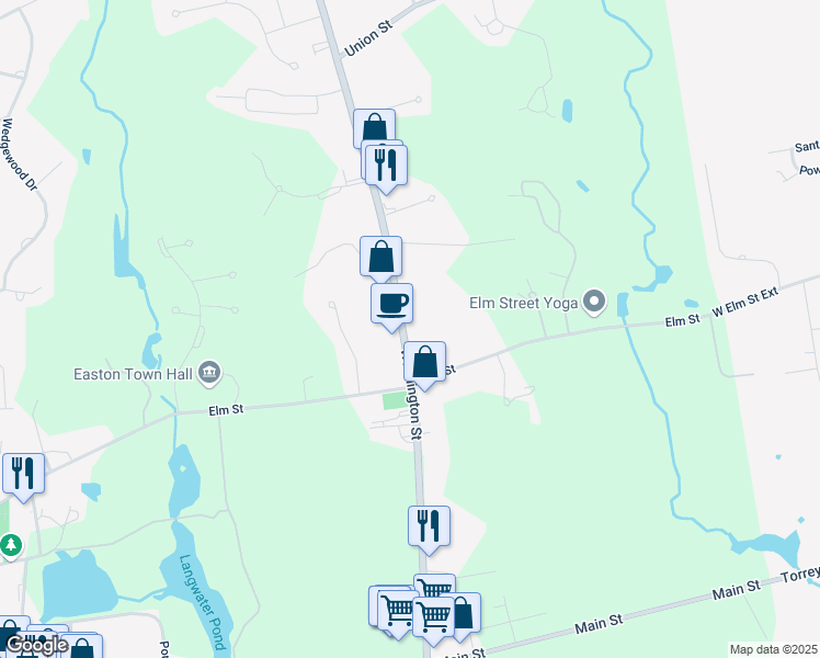 map of restaurants, bars, coffee shops, grocery stores, and more near 180 Washington Street in Easton