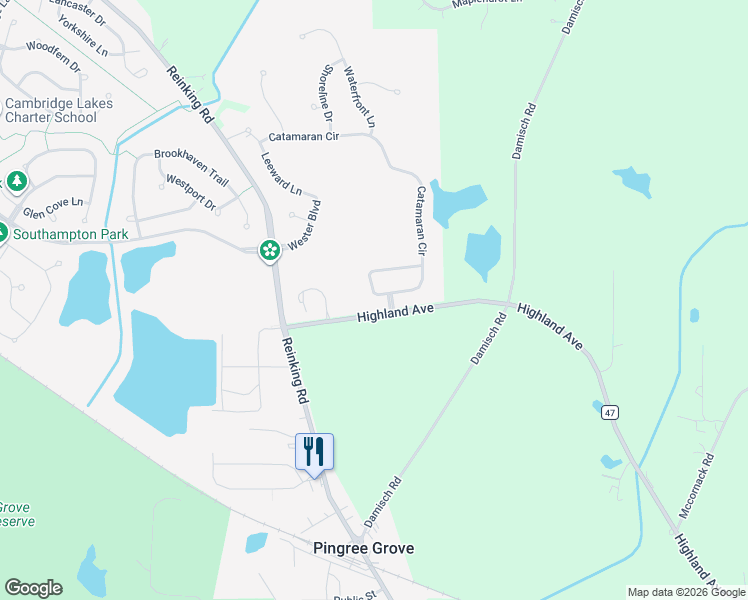 map of restaurants, bars, coffee shops, grocery stores, and more near 13 Outrigger Lane in Pingree Grove