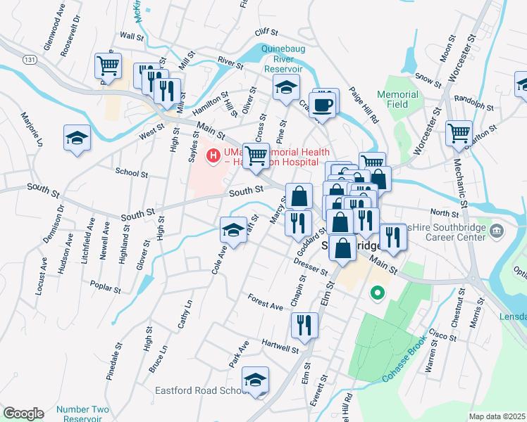 map of restaurants, bars, coffee shops, grocery stores, and more near 53 Taft Street in Southbridge
