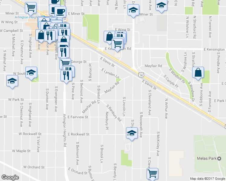 map of restaurants, bars, coffee shops, grocery stores, and more near 715 Mayfair Road in Arlington Heights
