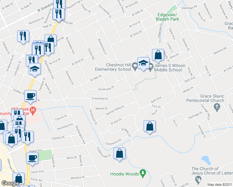 map of restaurants, bars, coffee shops, grocery stores, and more near 1158 Greenfield Dr in Erie