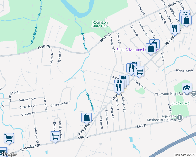 map of restaurants, bars, coffee shops, grocery stores, and more near 100 Witheridge Street in Agawam