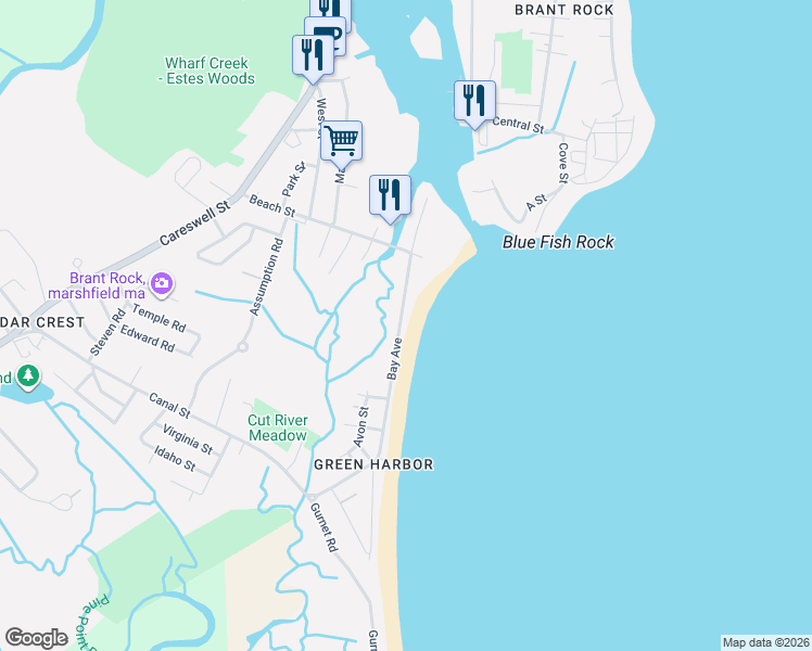 map of restaurants, bars, coffee shops, grocery stores, and more near 131 Bay Avenue in Marshfield