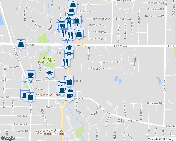 map of restaurants, bars, coffee shops, grocery stores, and more near 1433 Elizabeth Lane in Glenview