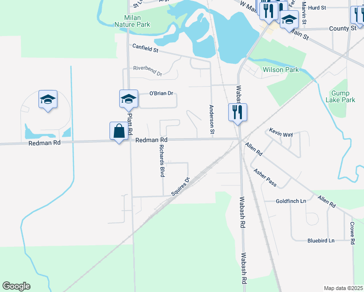 map of restaurants, bars, coffee shops, grocery stores, and more near 179 Redman Road in Milan