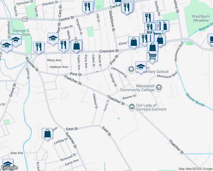 map of restaurants, bars, coffee shops, grocery stores, and more near 111 Jacob Street in Brockton