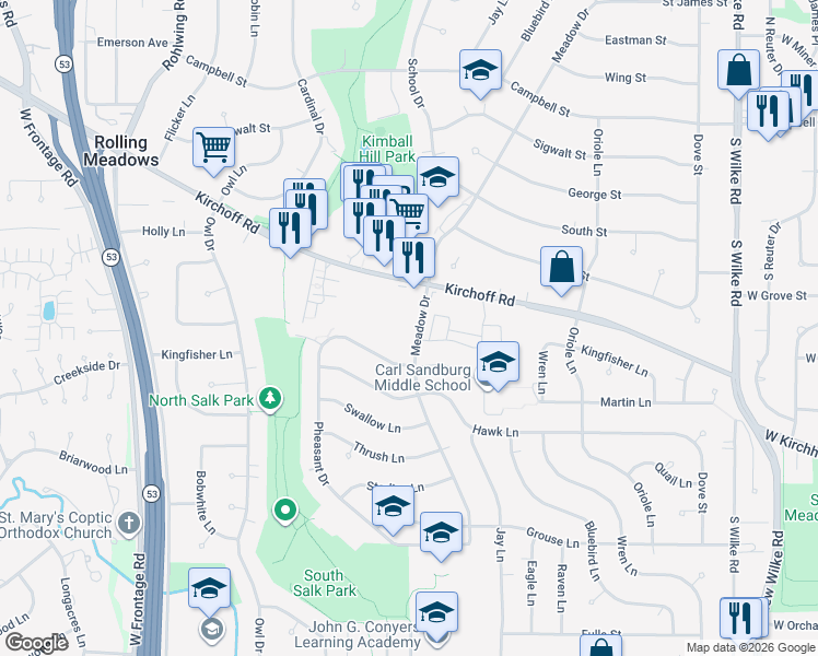 map of restaurants, bars, coffee shops, grocery stores, and more near 3201 Meadow Drive in Rolling Meadows