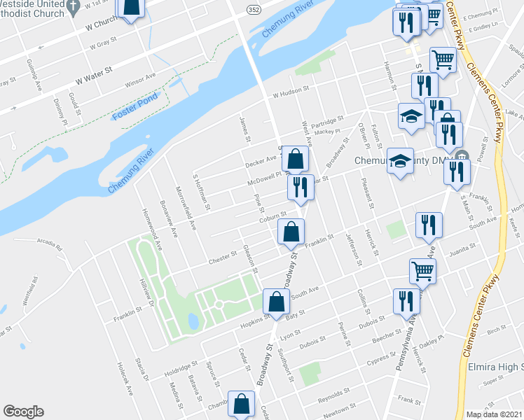 map of restaurants, bars, coffee shops, grocery stores, and more near 401 Pine Street in Elmira
