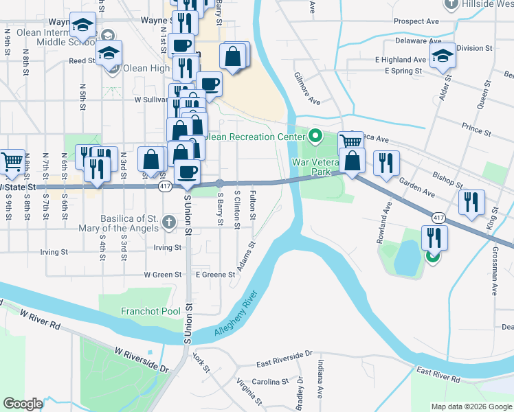 map of restaurants, bars, coffee shops, grocery stores, and more near 126 Fulton Street in Olean