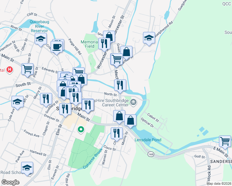 map of restaurants, bars, coffee shops, grocery stores, and more near 123 North Street in Southbridge
