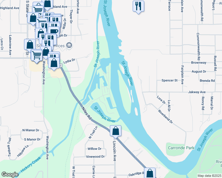 map of restaurants, bars, coffee shops, grocery stores, and more near 2279 Riverside Pointe Drive in St. Joseph