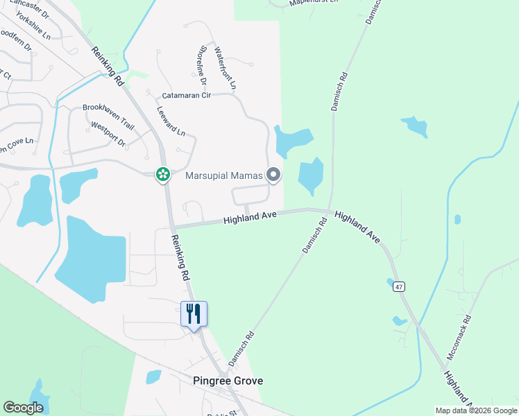 map of restaurants, bars, coffee shops, grocery stores, and more near 87 Catamaran Circle in Pingree Grove